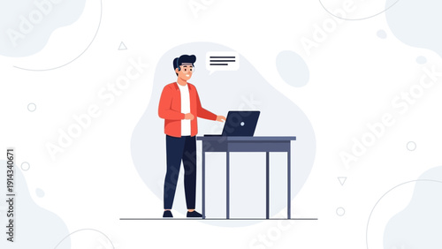 Man standing at desk with laptop, online communication, modern flat illustration