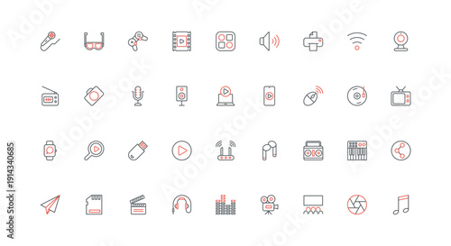 Device and smart multimedia gadget to play and record music, listen sound line icon set. Tablet and computer, laptop and speakers, microphone thin black and red outline symbols vector illustration