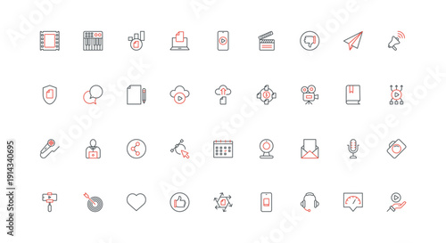 Production and advertising of digital content by author line icon set. Record video, article text and music, social media promotion campaign thin black and red outline symbols vector illustration