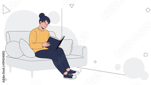Woman reading a book on sofa, minimalist illustration, calm leisure time
