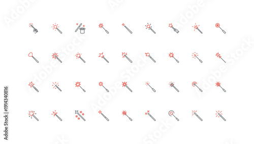 Magic wands, stick of magician with stars shine and sparks, button of graphic design filter line icon set. Rod of fantasy wizard, imagination thin black and red outline symbols vector illustration