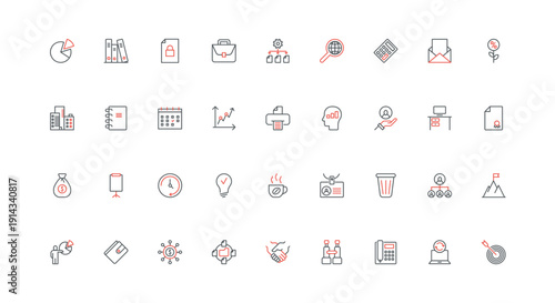 Business enterprise, quality of management and administration efficiency line icon set. Career and briefcase of executive manager, supervisor thin black and red outline symbols vector illustration