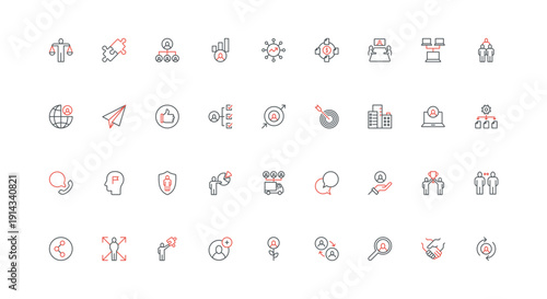 Enterprise cooperation and communication of employees, partnership, team project line icon set. Human resources, business meeting and training thin black and red outline symbols vector illustration