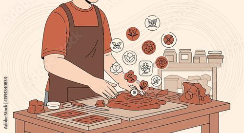 Artisan Creating Clay Sculptures with Botanical Icons