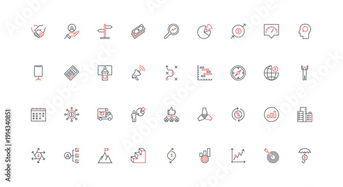 Opportunity for business challenge of ambitious leader, progress to improve enterprise results line icon set. Develop talents and skills, process thin black and red outline symbols vector illustration