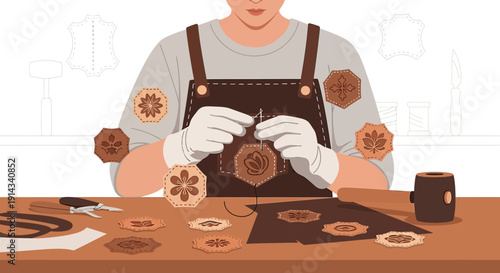 Artisan Handcrafting Leather Emblems with Intricate Designs - Close Up