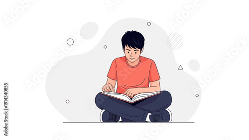 Young Boy Reading Book Sitting Cross-legged, Education Concept