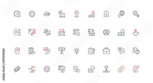 Business enterprise development, challenge and success leadership mindset line icon set. Focus on first place and win, develop efficiency thin black and red outline symbols vector illustration