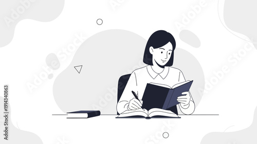 Young Woman Studying and Writing in a Book, Education Concept