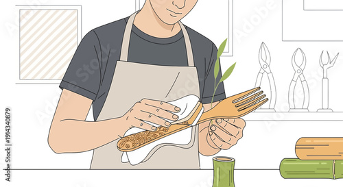 Artisan Polishing Wooden Cutlery, Craftsmanship and Detail