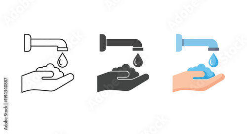 Handwashing icons show soap lather under a running faucet.