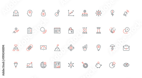 Business company, startup strategy line icon set. Insurance of investment, vision and analysis report chart, employee mindset to make money thin black and red outline symbols vector illustration