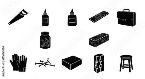 Construction tools and materials illustrate carpentry.