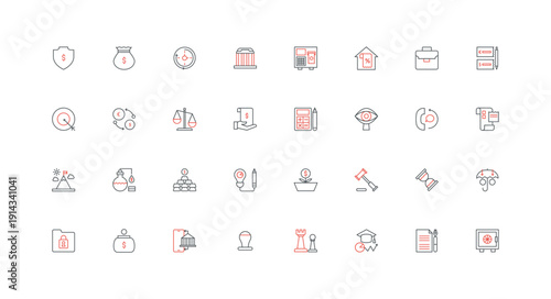 Financial services, marketing, mobile banking line icon set. Savings insurance, currency exchange and bank credit, deposits and investment thin black and red outline symbols vector illustration