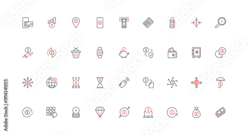 Financial transaction in bank mobile app, payment and deposit line icon set. Account balance, statement check and withdrawal of money from ATMs thin black and red outline symbols vector illustration