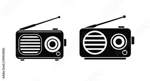 Two vintage transistor radios depicted in a stark black silhouette