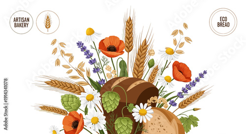 Artisan Bakery Bread with Wildflowers and Grains - Eco Bread Illustration