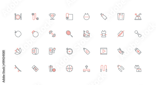 Fitness workout, healthy food to control weight and muscle strength line icon set. Sport exercise with weights in gym, sportswear and treadmill thin black and red outline symbols vector illustration