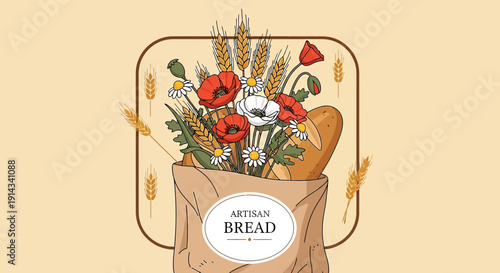 Artisan Bread and Wildflowers in Paper Bag Packaging, Bakery Illustration
