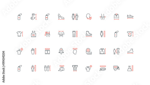 Clothes size measurement, guide line icon set. Arrows and chart, measuring tape to measure human body, waist and neck circumference, height thin black and red outline symbols vector illustration