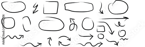 Arrow, underline, circle frame marker line set. Line marker hand drawn pen brush stroke sketch arrow, circle, highlight element.  Vector illustration