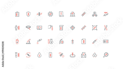 Genetic research, DNA test analysis in laboratory, diagnosis line icon set. Nucleic acids and gene, chromosomes, hair, saliva and blood sample thin black and red outline symbols vector illustration