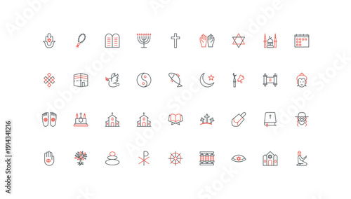 World religion, Christianity and Islam, Judaism and Buddhism line icon set. Spiritual faith signs of prayers, church and synagogue, mosque thin black and red outline symbols vector illustration