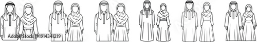 Muslim family character avatar set vector line art illustration featuring men women and children in traditional Islamic clothing abaya and thobe for Ramadan and Eid concepts community representation