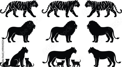 Big cat silhouette collection featuring tiger, lion and lioness with cubs isolated on white background, detailed black wildlife vector set