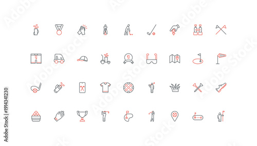 Golf club, professional equipment for game, trophy of tournament line icon set. Players bag with sticks and glove, ball and flag on grass field thin black and red outline symbols vector illustration
