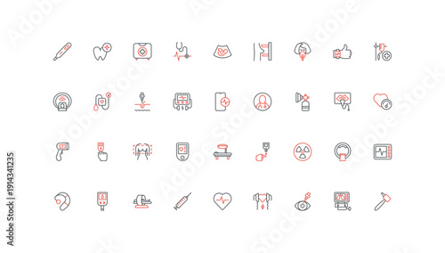 Medical devices in hospital, equipment of health diagnostics by doctor line icon set. MRI and xray machine, ultrasound scanner, pacemaker thin black and red outline symbols vector illustration
