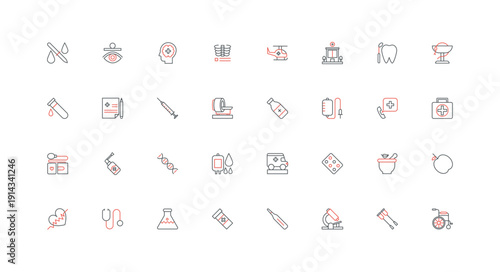 Medical service in hospital and healthcare, pills and vitamin for treatment, ambulance line icon set. Health check with equipment, vaccine thin black and red outline symbols vector illustration