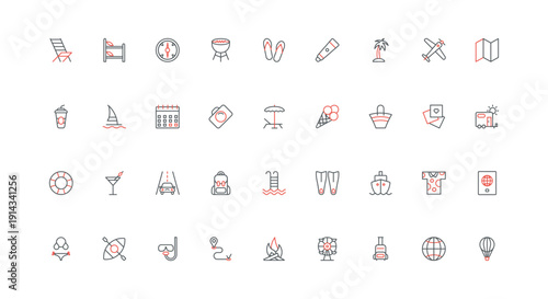 Summer beach vacation and holidays line icon set. Travel around globe by plane or car, ship or camper van, passport and compass, luggage and thin black and red outline symbols vector illustration