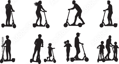 Diverse group of people engaging in various activities on electric scooters