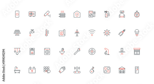 Services and utilities for home, garage line icon set. Water and electricity supply from solar panel and wind generator, cleaning and laundry thin black and red outline symbols vector illustration