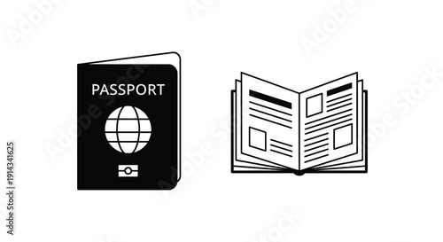 Passport and open book icons in a stark black silhouette