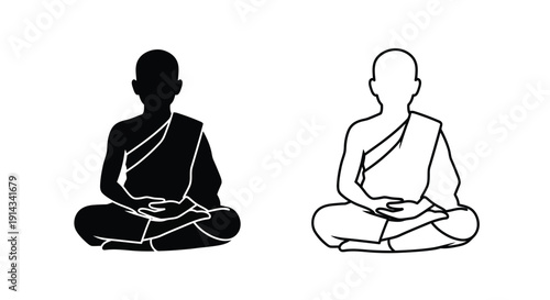 Meditating monk in two styles a dark form silhouette