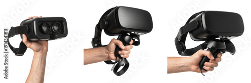 Set and collection of human hand holding black VR headset and motion controller in various angles, virtual reality gaming and immersive technology concept isolated on white transparent PNG background