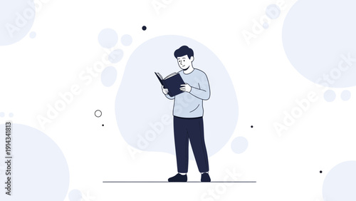 Young man reading a book, minimalist illustration, simple background, focus on learning and knowledge
