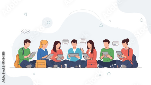 Diverse group of young people connected online, learning and sharing ideas with tablets