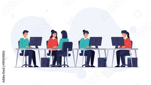 Diverse team collaborating in a modern office, working on computers