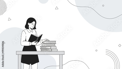 Woman Reading Books at Desk with Abstract Background