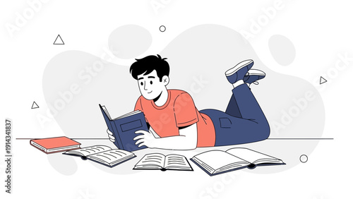 Young man reading books lying down, education concept illustration