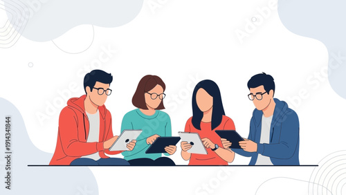 Diverse group of young people using tablets, collaborative learning, modern technology concept