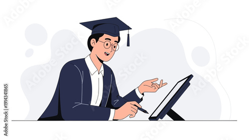 Graduate Student Using Digital Tablet for Online Learning and Research