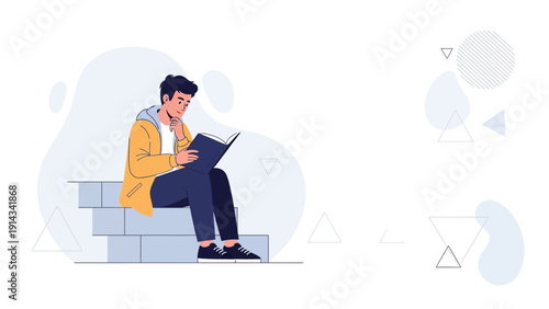 Young man reading a book on steps, focus, education, knowledge, lifestyle illustration