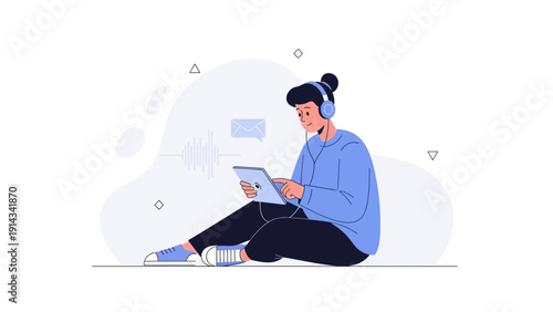 Young person with headphones using tablet, listening to music or podcast