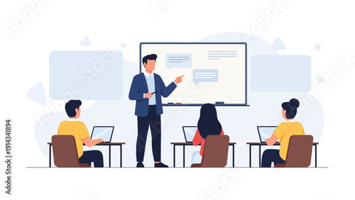 Teacher instructing students in a classroom with laptops and whiteboard presentation