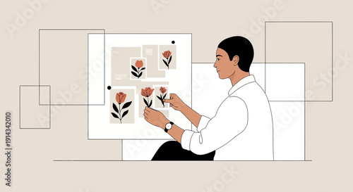 Artist Arranging Floral Artwork, Creative Design Process, Botanical Illustration