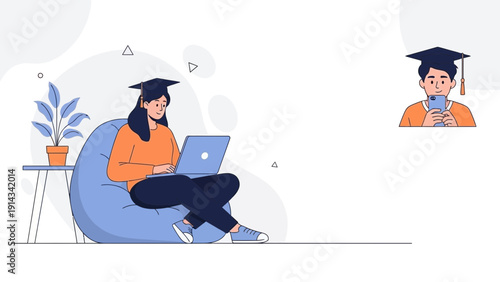 Student Learning Online With Laptop and Smartphone, Graduation Cap